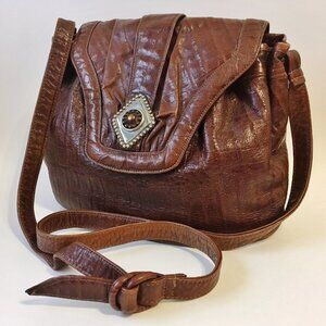 Brown Shoulder Bag Purse Crocodile Pattern Leather Handbag Tote Adjustable Strap